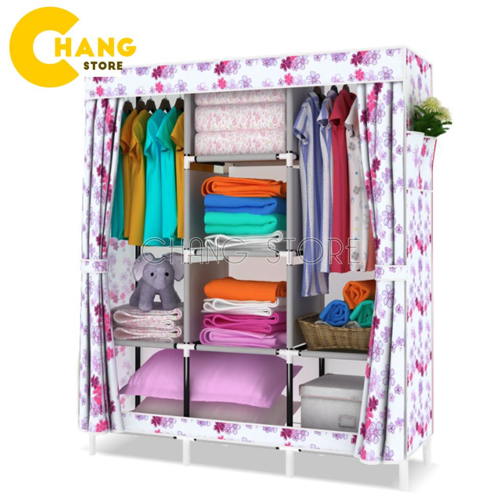 Tủ vải 3 buồng 8 ngăn họa tiết 3D khung nhôm chất liệu không dệt dày, nối nhựa kỹ thuật, ổn định và không dễ hư hỏng