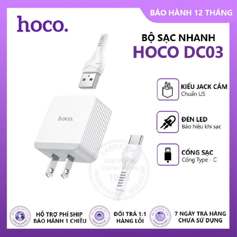 Bộ sạc nhanh Hoco DC03 Max 1 cổng USB 3.0A, đèn led, dài 1m, cáp Type-C, tương thích thiết bị Android