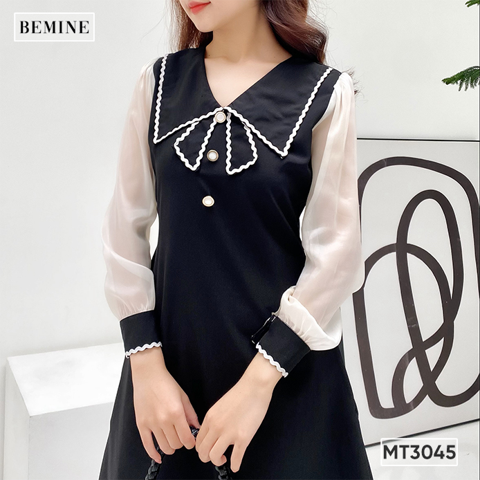Đầm tay dài cổ phối nơ BEMINE MT3045DEN