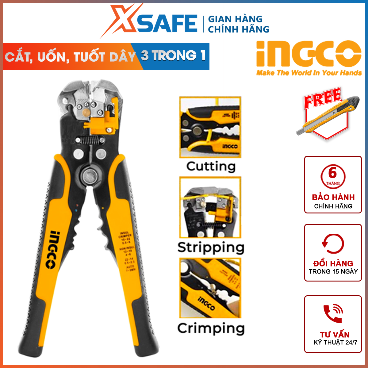 Nippers stripping wire DIY multi-purpose ingco HWSP102418 | pliers Đồ craft multifunction 3 in 1 stripping, cutting and press the CoS, pliers function copper wire cutting, aluminum wire