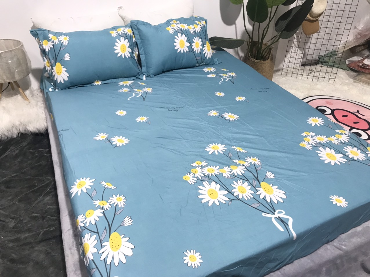 Set Ga Gối 3 Món (Gồm 1 Ga bo chun + 2 Vỏ Gối Nằm) Mẫu Hoa Cúc Xanh CH205