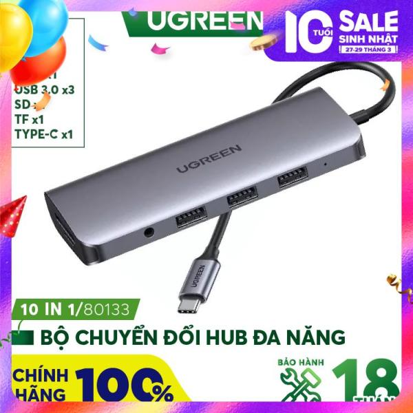 Bộ Chuyển USB C 10 in 1 UGREEN 80133 USB C sang 3 USB 3.0+HDMI 4K + VGA + RJ45 Gigabit + SD/TF + Audio 3.5mm + PD Power Delivery - Hàng phân phối chính hãng - Bảo hành 18 tháng
