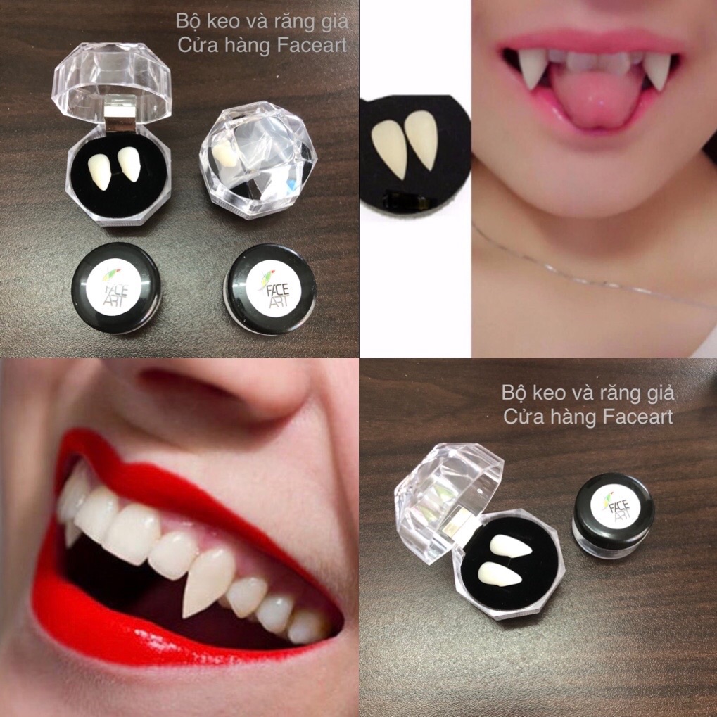 3 món hoá trang Răng Giả  : 2 cái răng nhọn hoá trang + 1 keo dán răng USA - Bộ dụng cụ hoá trang răng nhọn, răng khểnh