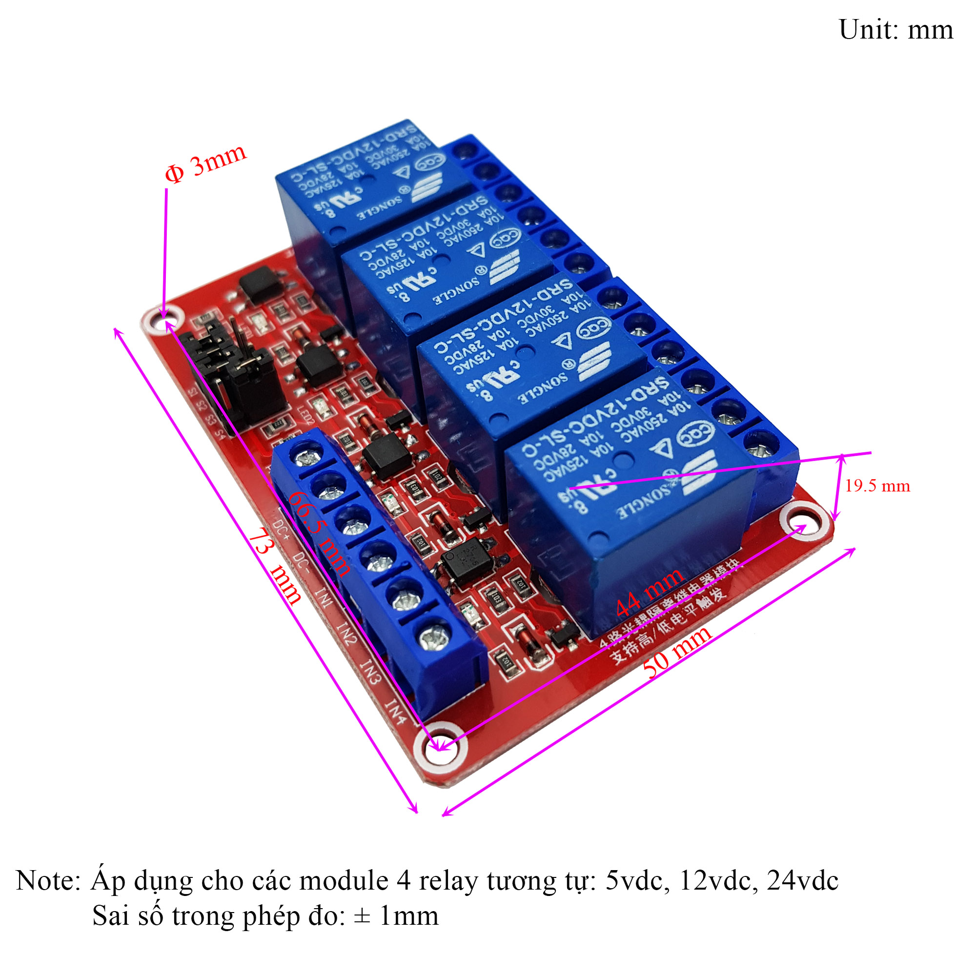 Module 4 Relay với Opto cách ly Kích H/L 24VDC 10A