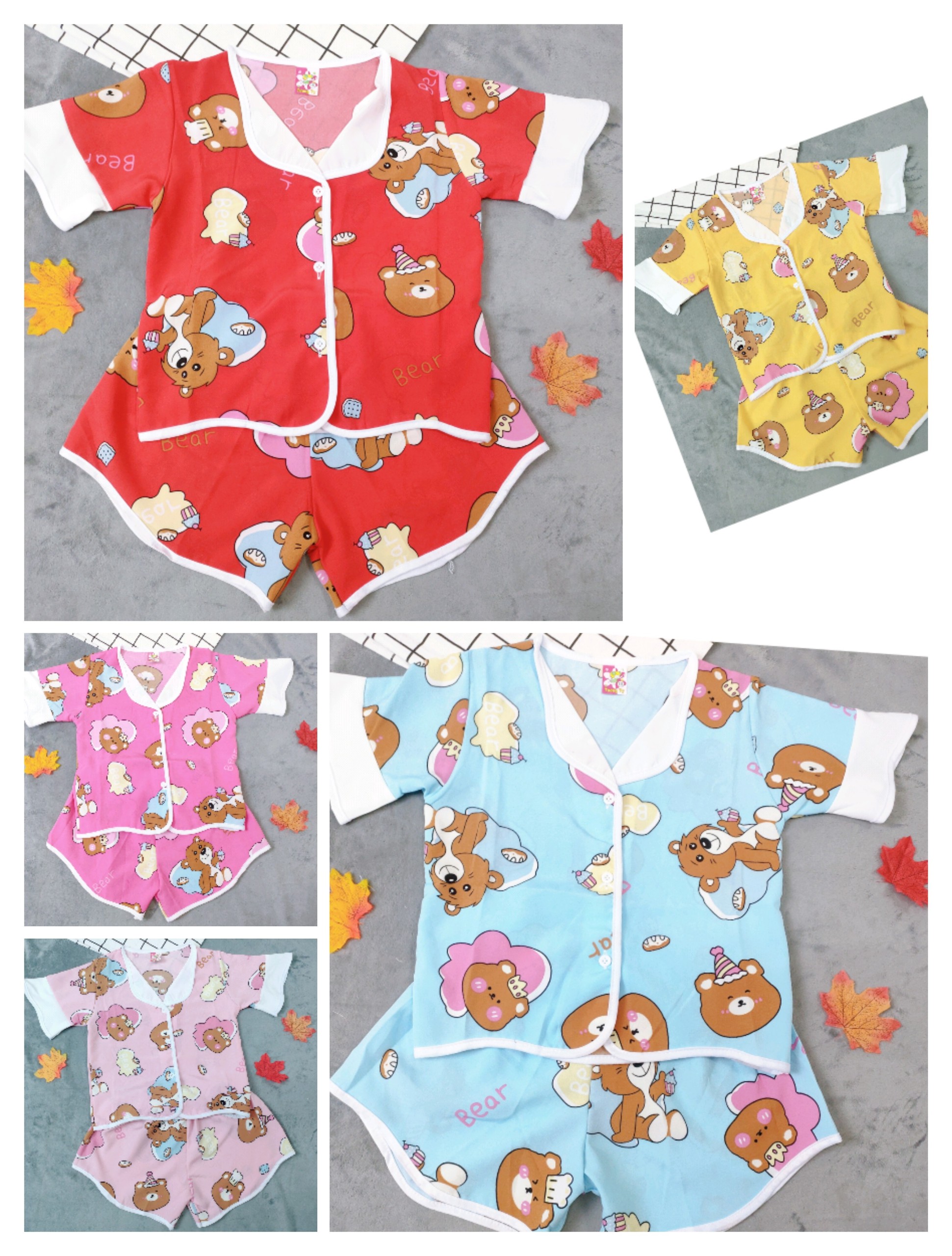 Đồ bộ lụa viền tay ngắn bé (6-20kg) (giao họa tiết ngẫu nhiên)