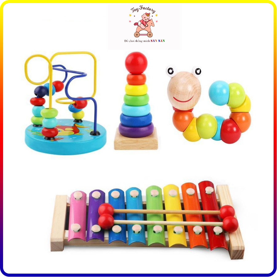 Combo đồ chơi gỗ- sâu- đàn-tháp-luồn hạt