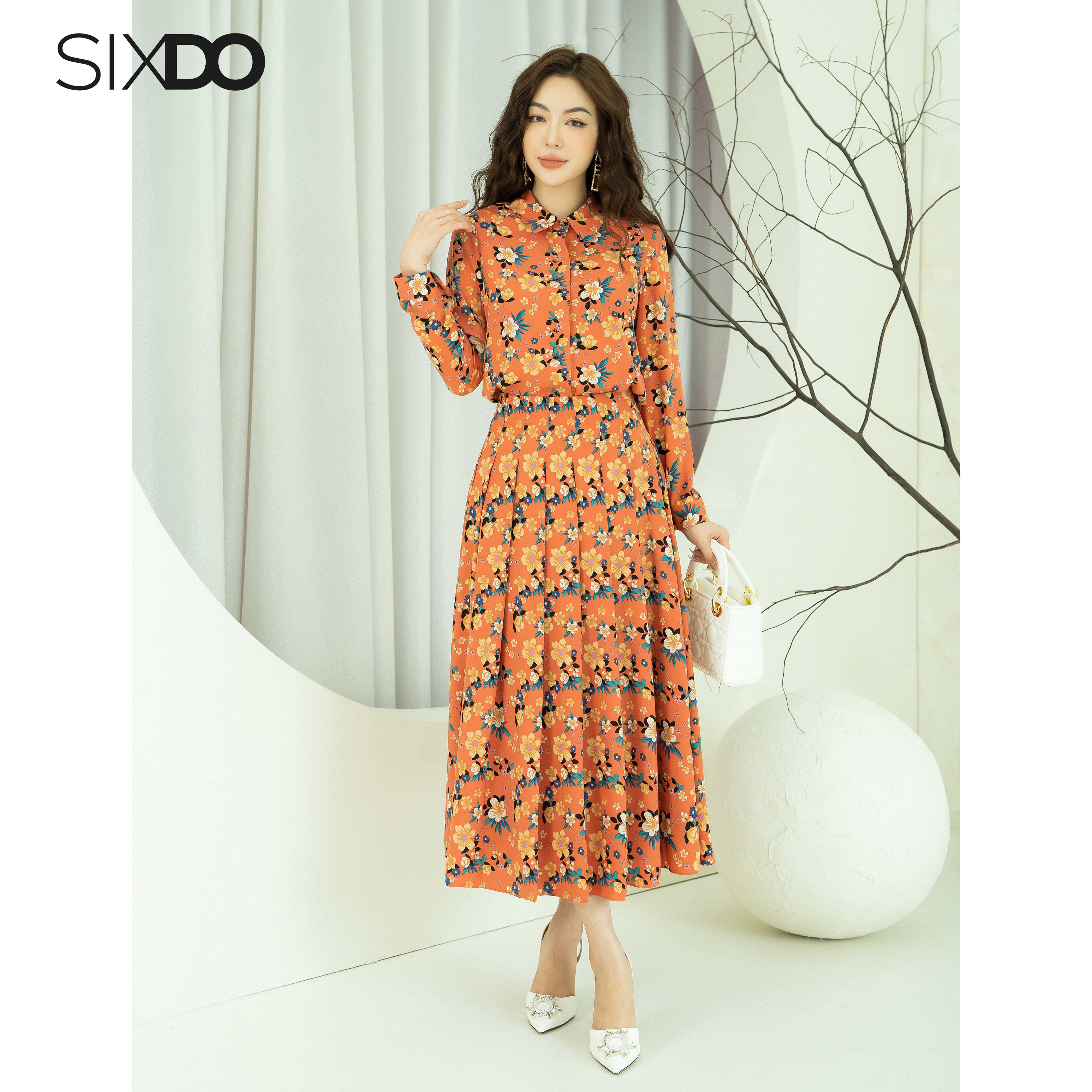 Áo sơ mi nữ lụa SIXDO (Orange Floral Long Sleeves Silk Top)