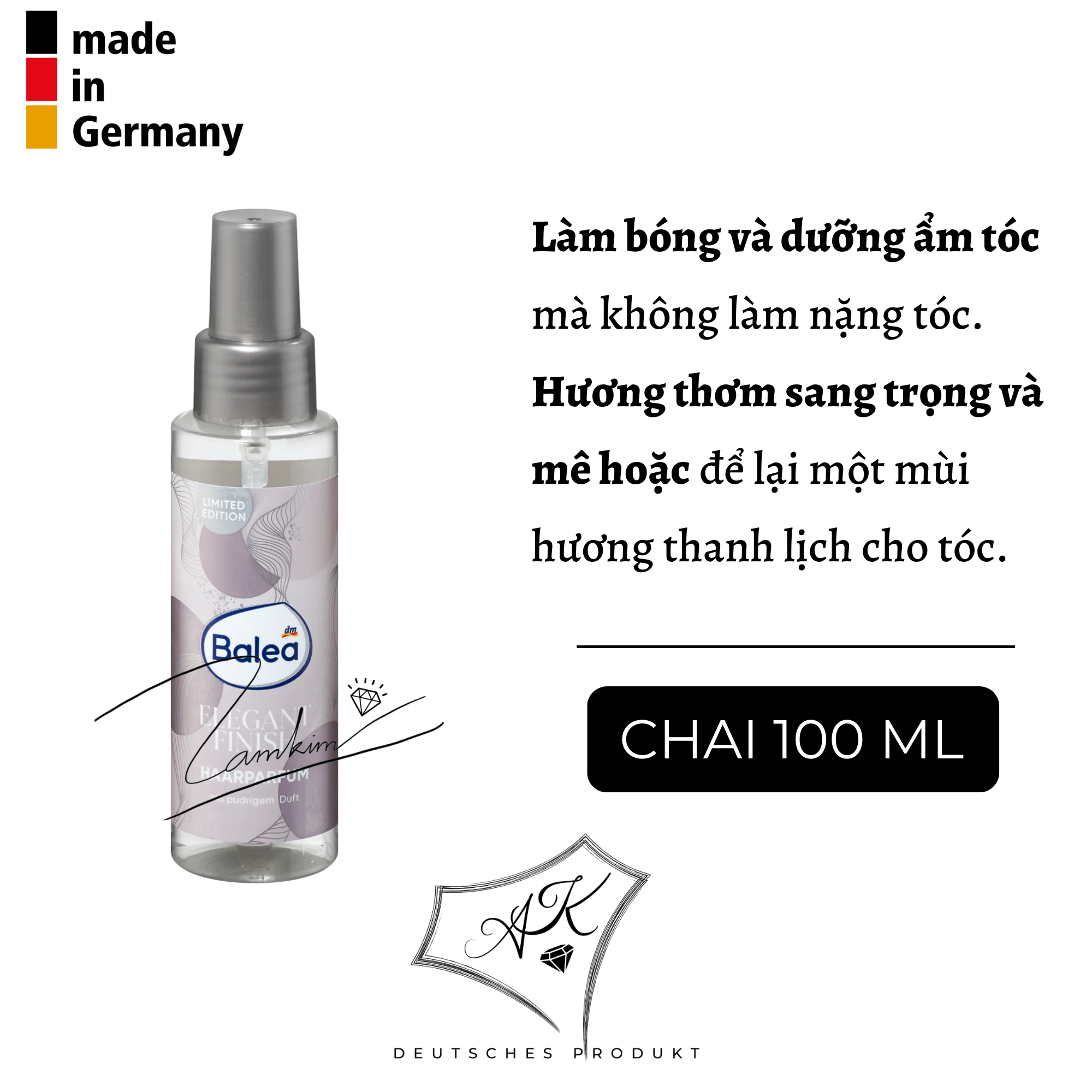 [ Hàng Đức ] Nước hoa xịt tóc, khử mùi, dưỡng ẩm Balea - 100ml