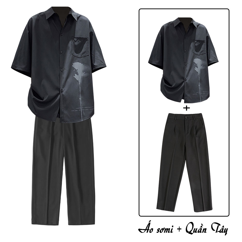 Combo Áo Sơ Mi Nam In Họa Tiết Hoa Hồng Kết Hợp Quần Tây Âu Chinos Dáng Baggy Phốối Lưng Chun Hàn Quốc Thanh Lịch FORHIMCS2 SOMI 41 + JOGGER 63