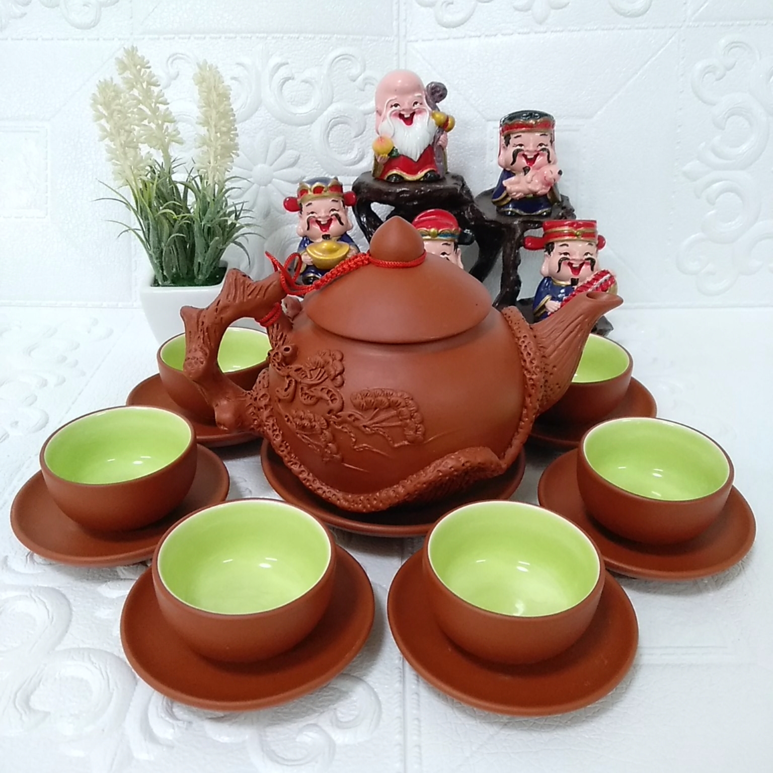 Bộ ấm chén đất nung Bát Tràng cây tùng 400ml màu đỏ
