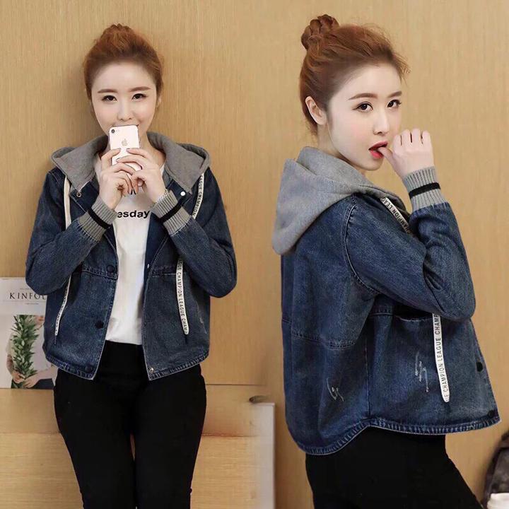 Áo khoác jean mềm tay bo thun nón cổ