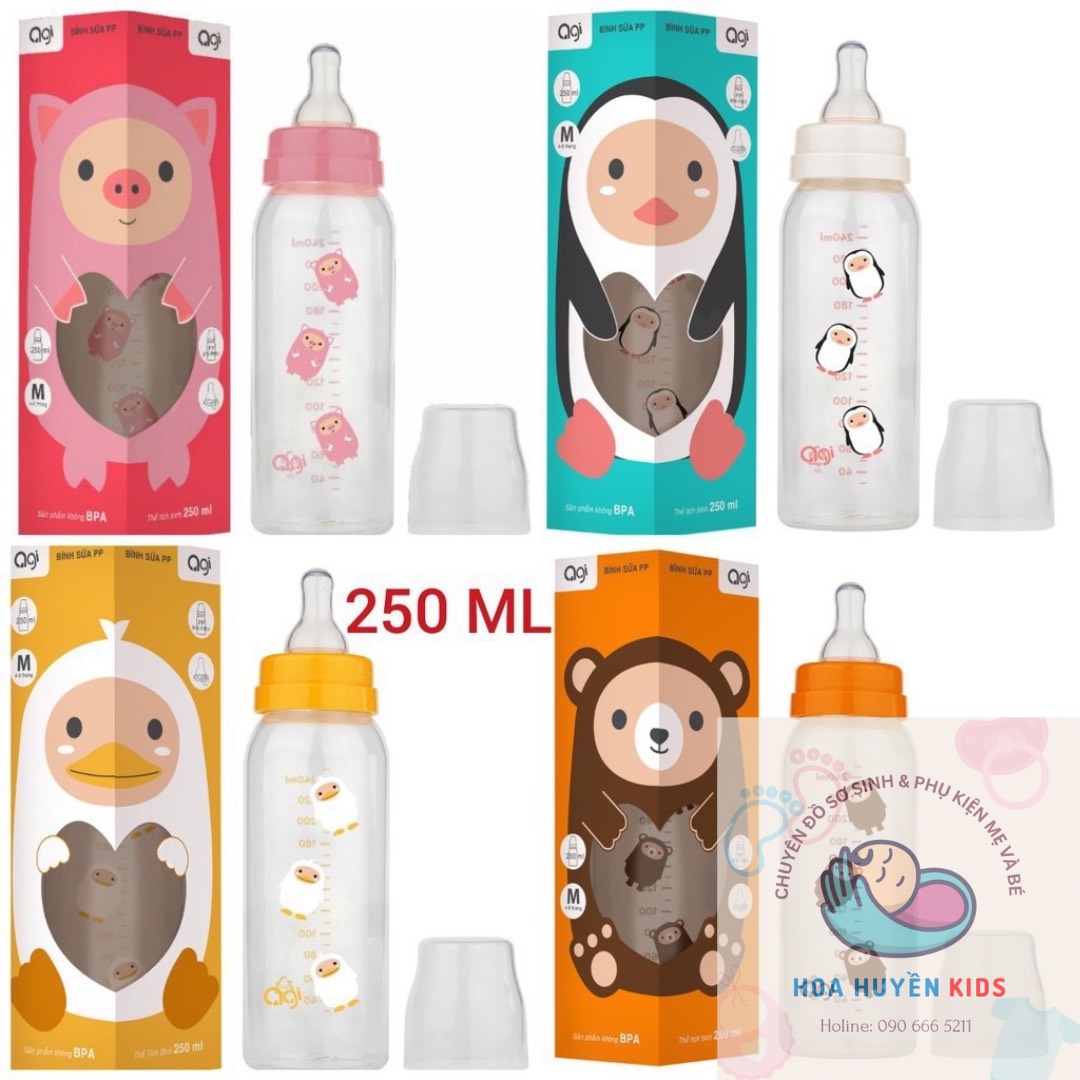 Bình sữa Agi cổ hẹp Nhựa PP 250ml màu ngẫu nhiên Hàng Chính Hãng (kèm van chống sặc)
