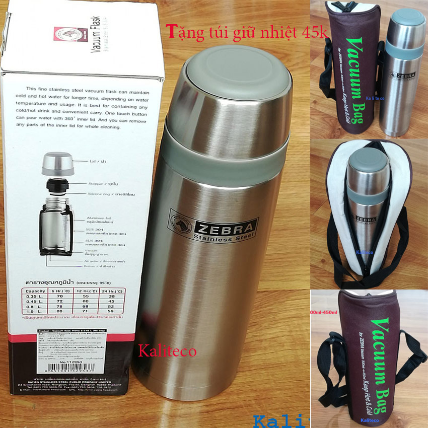 Bình giữ nhiệt inox zebra thái lan giữ nhiệt nóng lạnh 450ml tặng kèm túi giữ nhiệt trị giá 45k -kaliteco