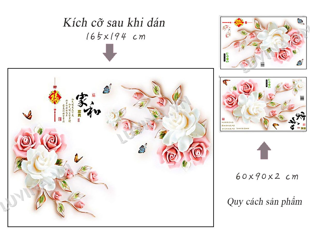 [HCM]DECAL DÁN TƯỜNG HOA HỒNG TRẮNG 3D