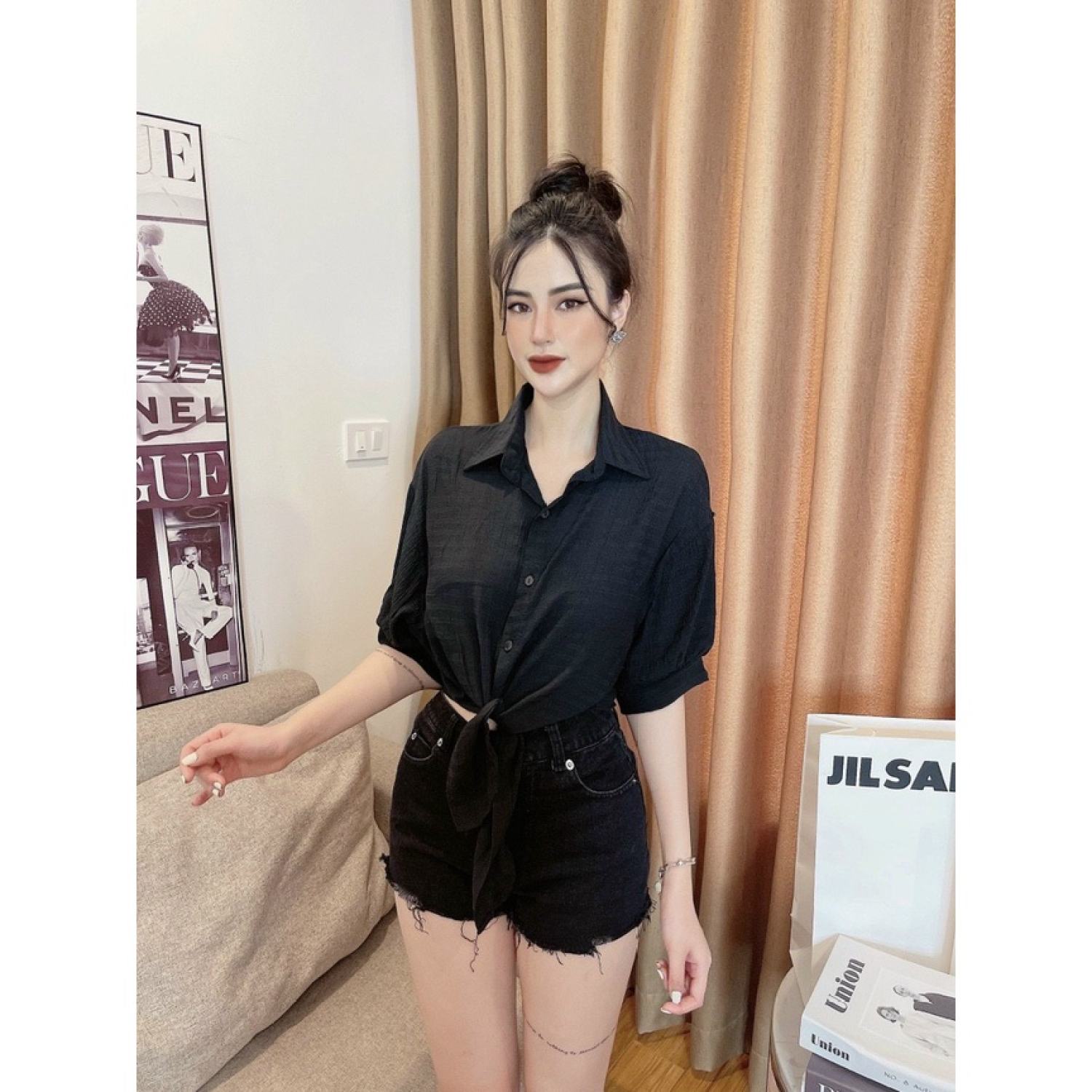 Áo sơ mi buộc vạt tay lỡ trơn cá tính