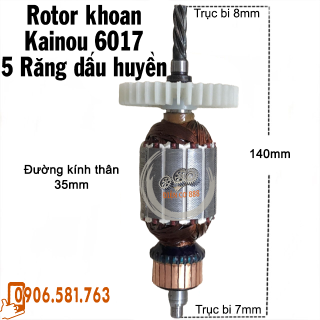 Rotor khoan Kainou 6017 Thân 35mm Dài 140mm 5 Răng - Tặng chổi than