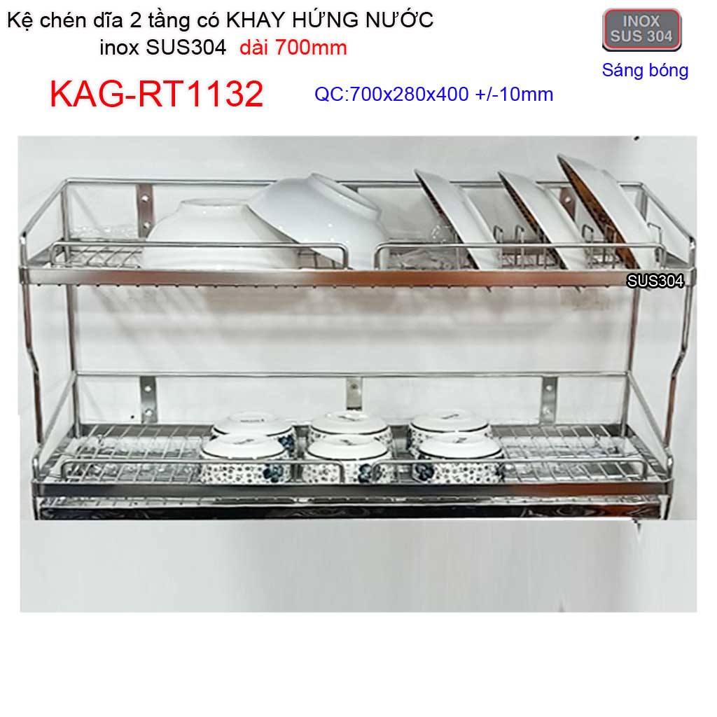 [HCM]Kệ đựng chén bát có khay hứng nước inox sus304 kệ úp chén dĩa 2 tầng dài 70cm Inox Roca KAG-RT1132