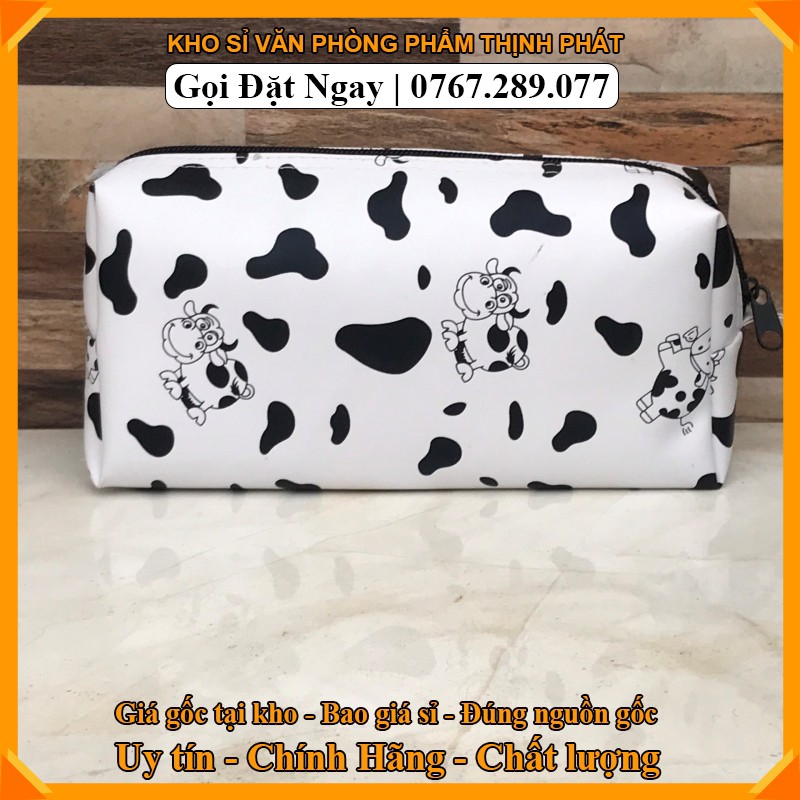 Hộp đựng bút vải hoạ tiết CON BÒ SỮA bóp viết to 1 ngăn, đựng được nhiều bút, máy tính