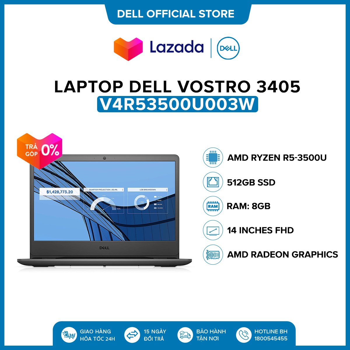 Laptop Dell Vostro 3405 14 Inches Fhd (Amd Ryzen R5-3500U / 8Gb...