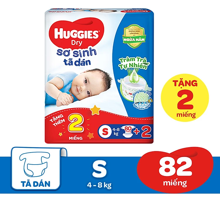 Tã dán sơ sinh huggies mới size s - gói 80 miếng tràm trà + tặng 2 miếng