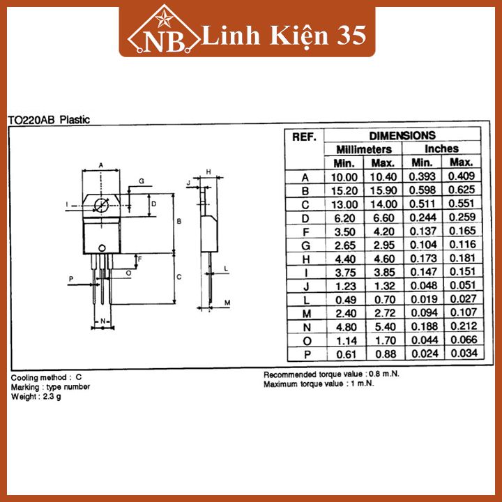 Thyristor TYN1225 1200V/25A kiểu chân TO-220