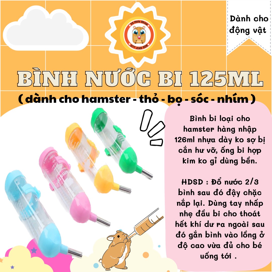bình nước bi 80ml- 125ml - 250ML BOER  cho hamster, nhím, thỏ, bọ, chim,... - T3 PETS SHOP