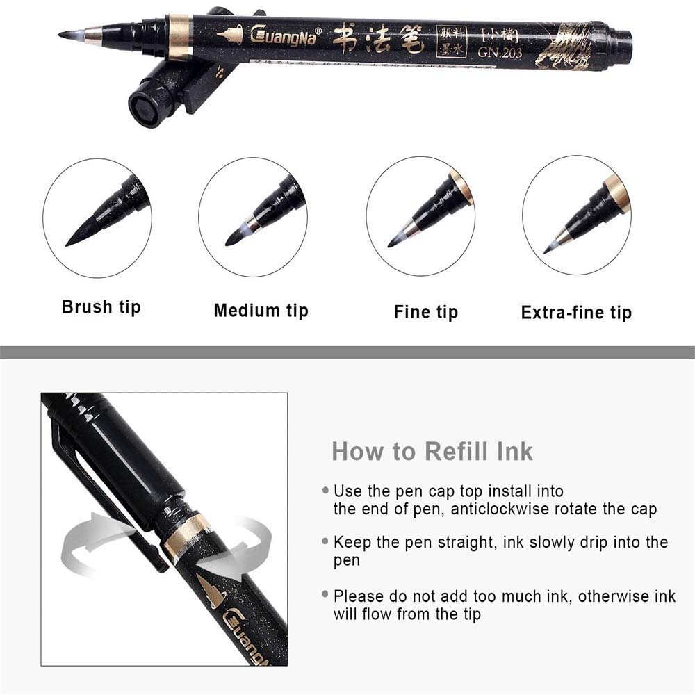 6 cái Bút thư pháp mới cho người mới bắt đầu viết chữ Caligraphy Beginners Set Refill Black Marker Brush Pre-write