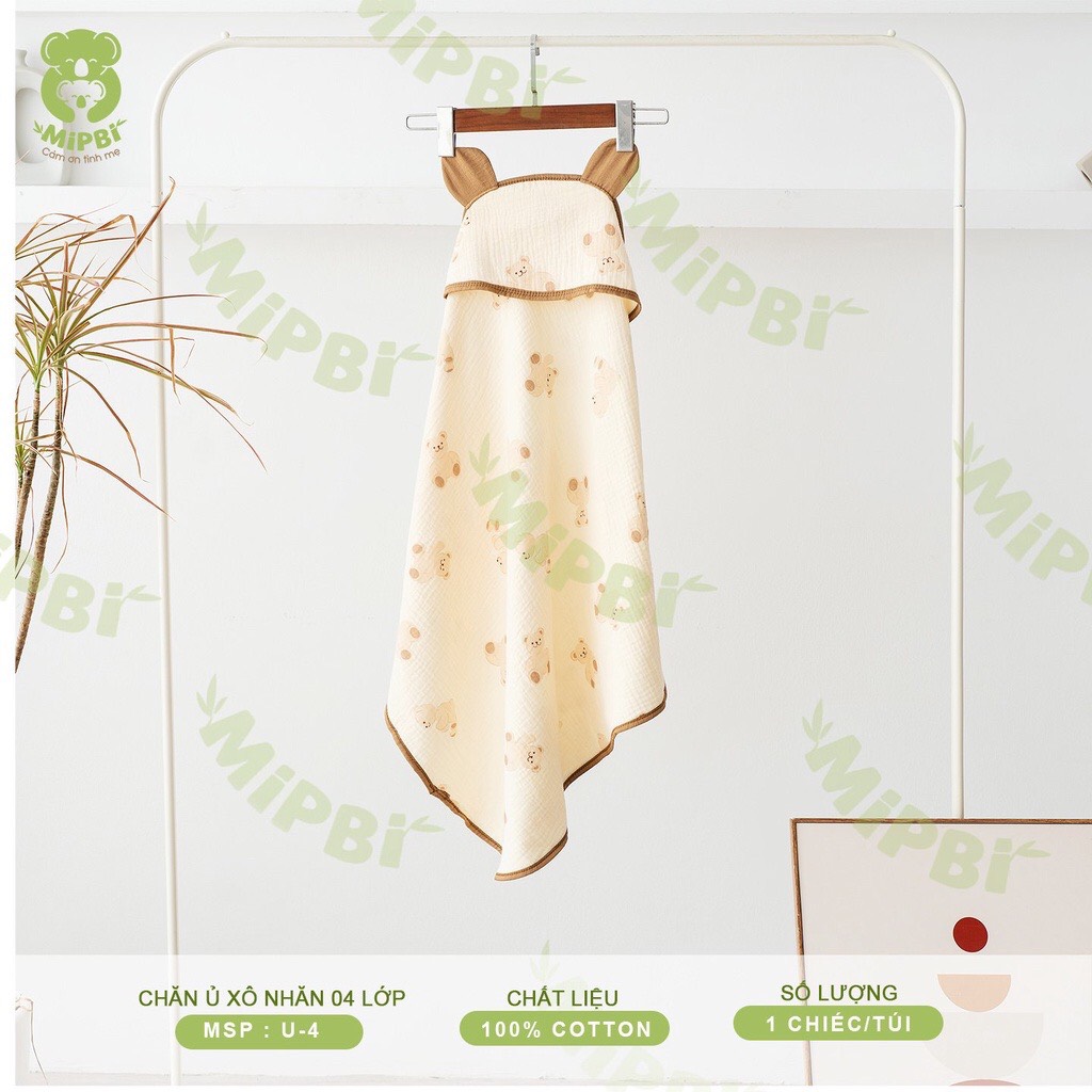 Khăn choàng ủ xô muslin mipbi 4 lớp có mũ siêu đáng yêu cho bé sơ sinh