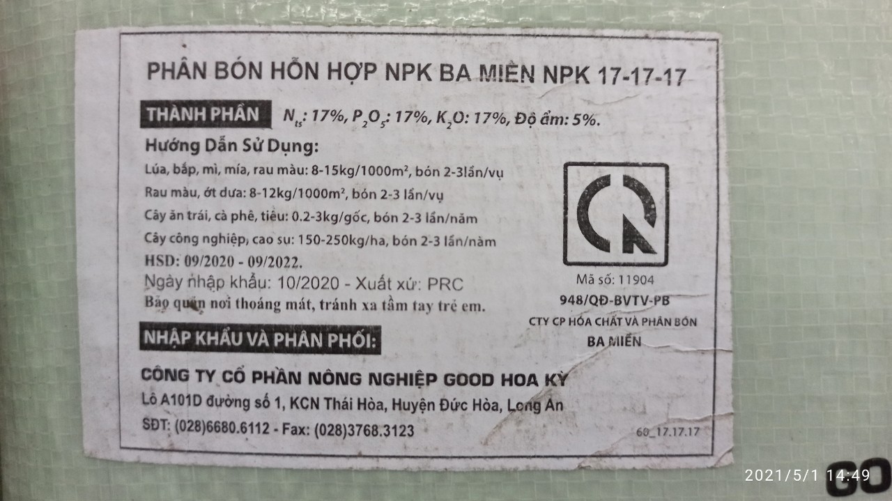 Phân bón NPK nhập khẩu 17.17.17 - Túi Zip 1Kg
