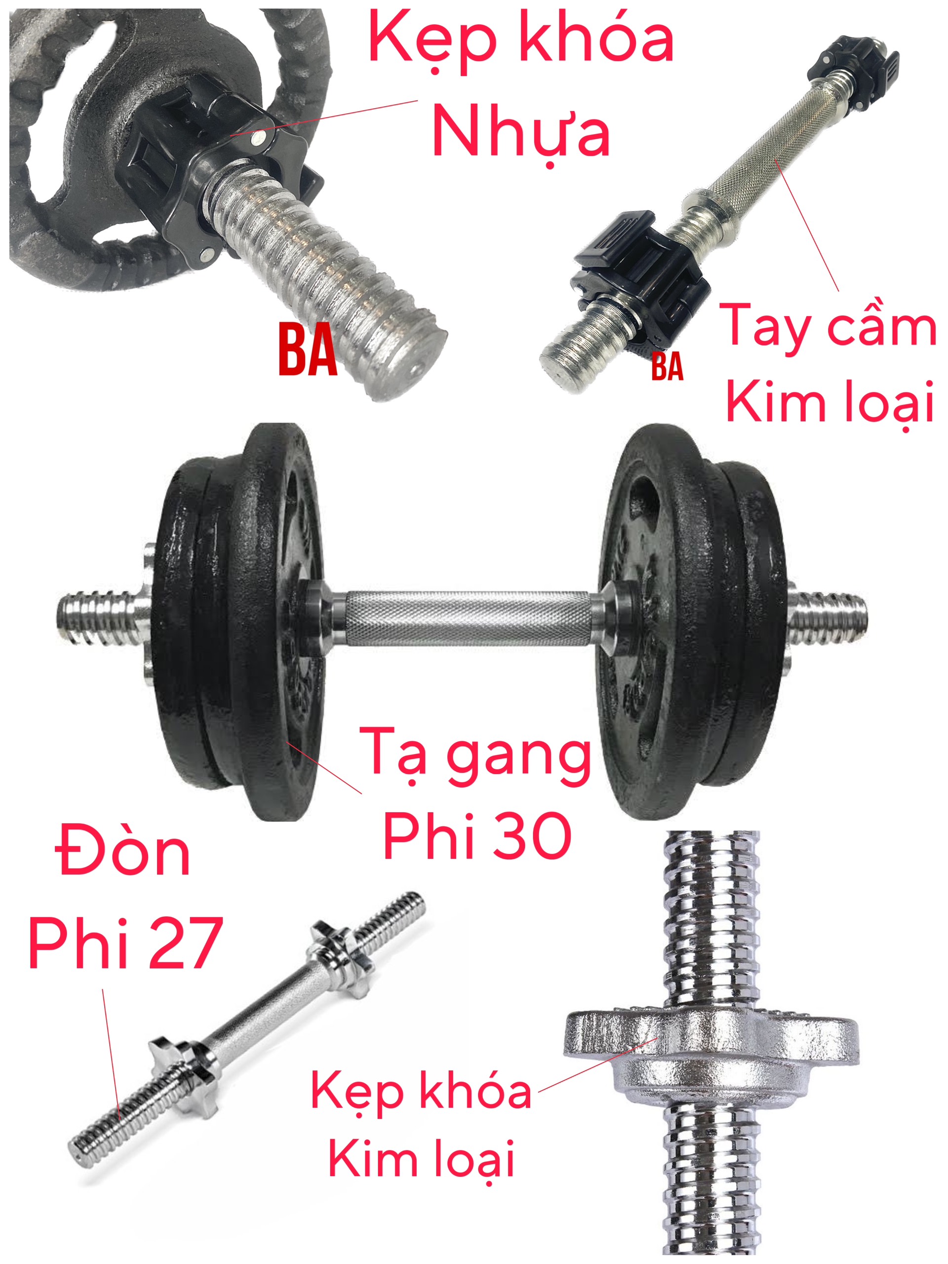 Bộ 1 Tạ Tay Tháo Ráp 7.7kg (1 Đòn 35cm, 2 Miếng 1kg, 2 Miếng 2kg) Binhansport