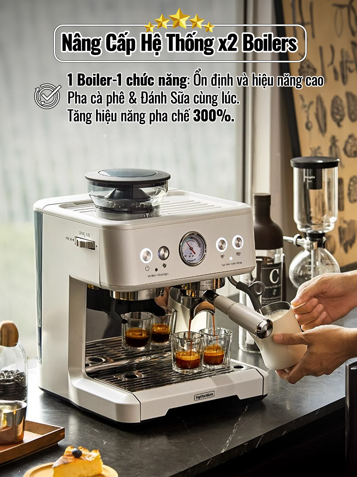 Máy pha cafe espresso CF07PLUS nâng cấp tích hợp xay 20 mức độ, với 2 boilers độc lập cùng·chế độ định lượng flow meter, họng pha inox 58mm