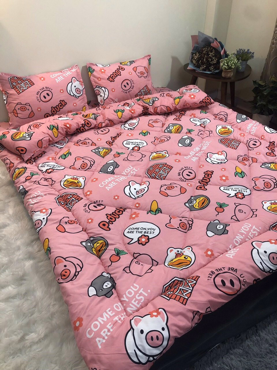 Set 4 Chăn Phao Cotton Poly LỢN HỒNG đáng yêu,dễ thương