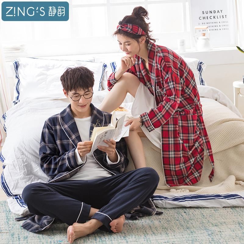 JING YUN Vài Đồ Ngủ Mùa Thu Phục Cổ Kẻ Sọc Áo Choàng Tắm Nữ 100% Cotton Dài Tay Nam Áo Ngủ Giản Lược Áo Mặc Ở Nhà