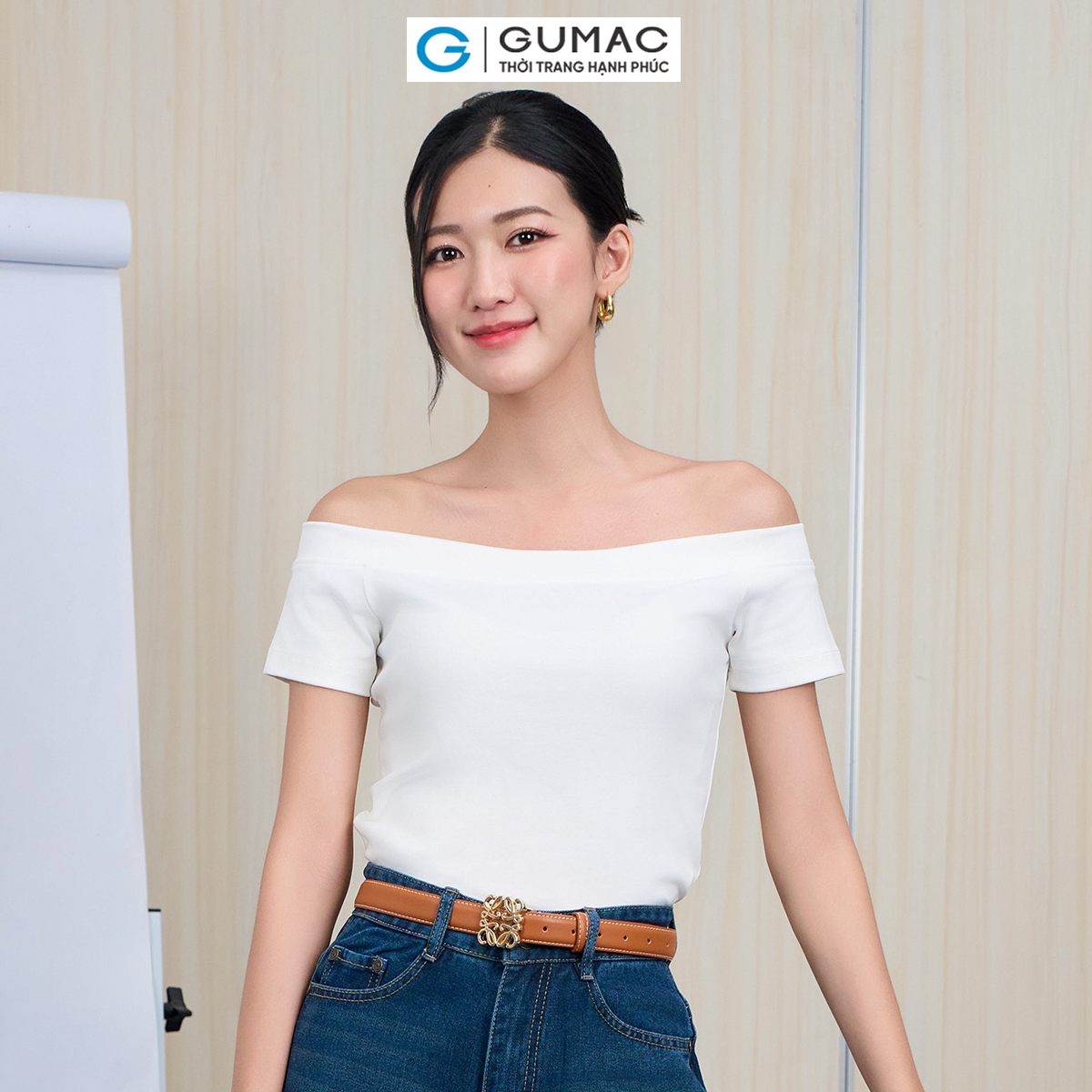 Áo thun nữ kiểu trễ vai gumac latd1104 dáng ôm