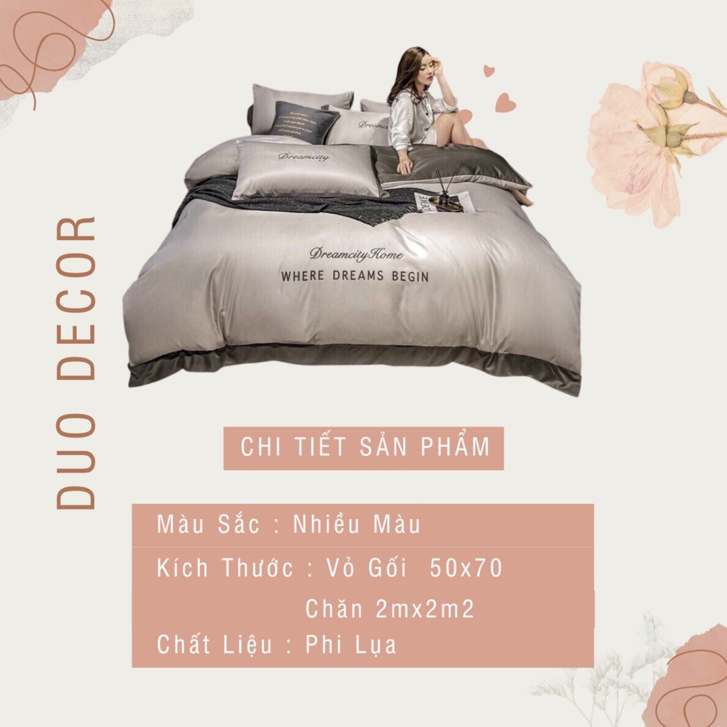 Chăn ga gối Duo Decor phi lụa set 4 món Dream City phối 2 màu ( có tặng vỏ ôm )