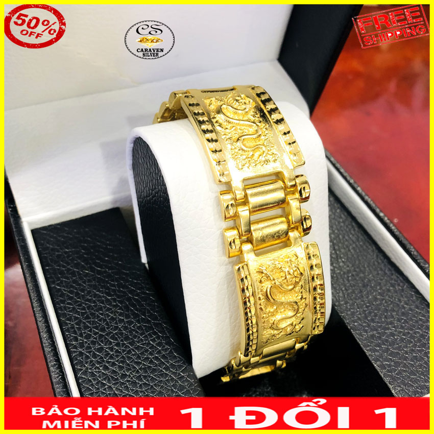 lắc tay nam mạ vàng 18k bản rộng 2cm họa tiết rồng - caraven silver