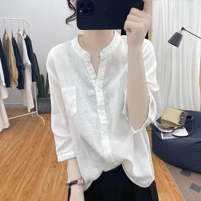 Áo sơ mi đũi nữ cổ V form rộng,chất đũi thoáng mát, màu sắc trẻ trung Đũi Việt