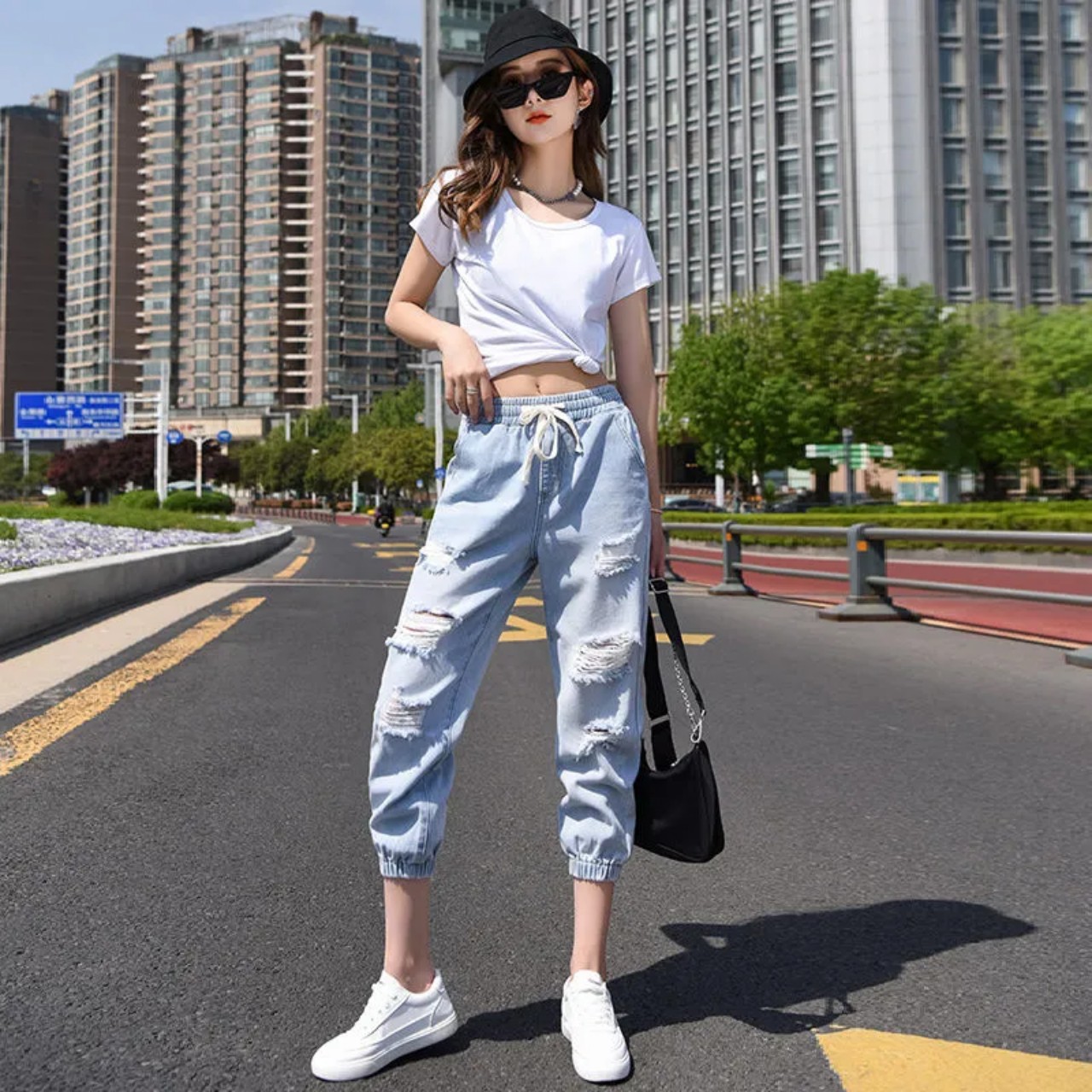 Quần Jeans Lửng Nữ Rách Lưng Cao hàng nước ngoài
