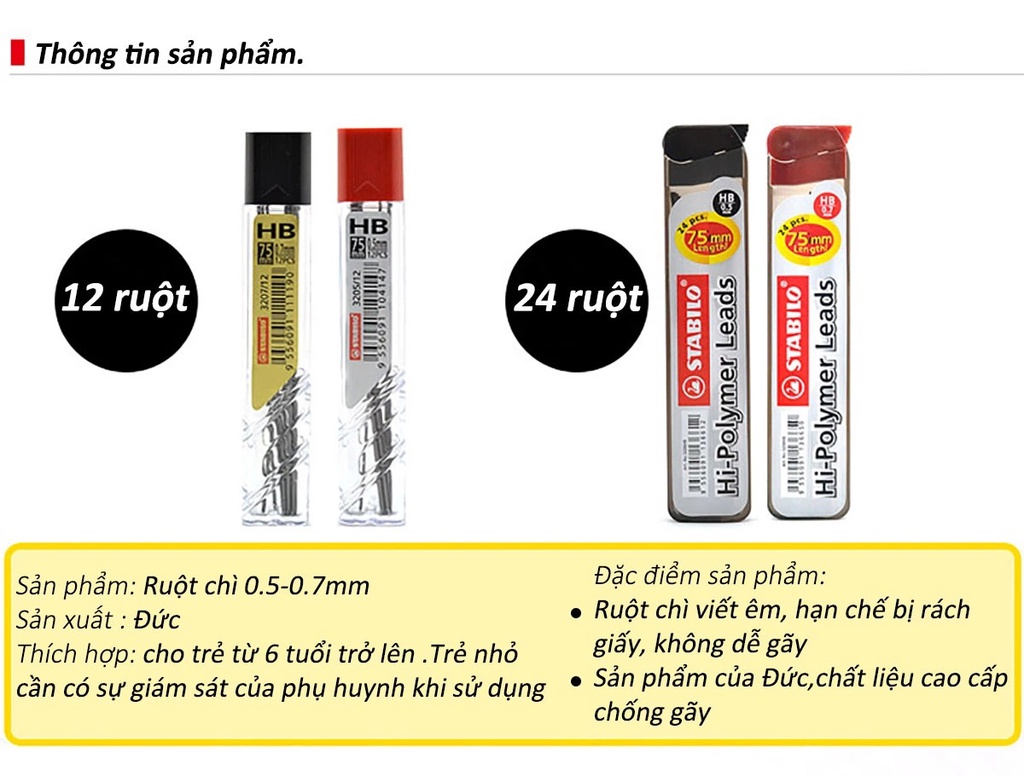 1 Tuýp 12/24 ruột chì STABILO nét 0.5/0.7mm