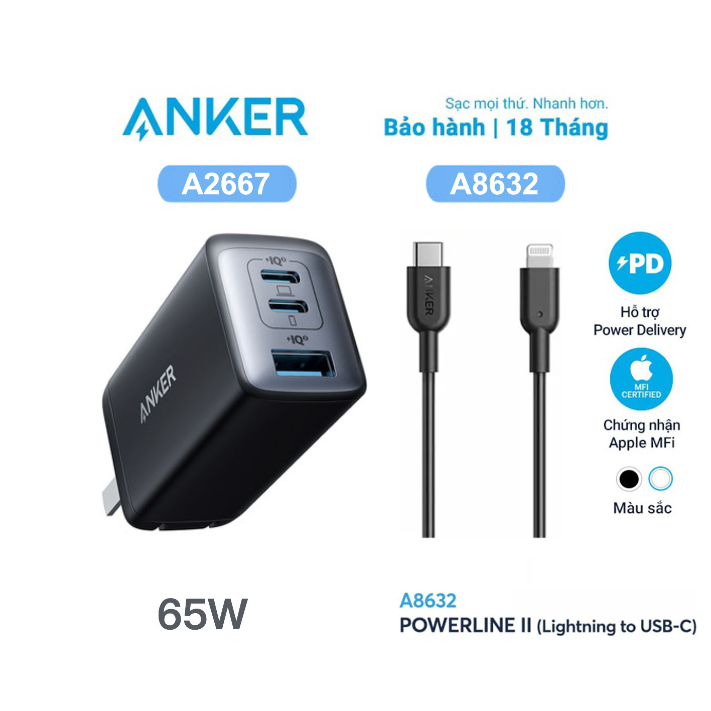 Củ sạc nhanh Anker 67W 3 cổng 2C1A IQ4 ...