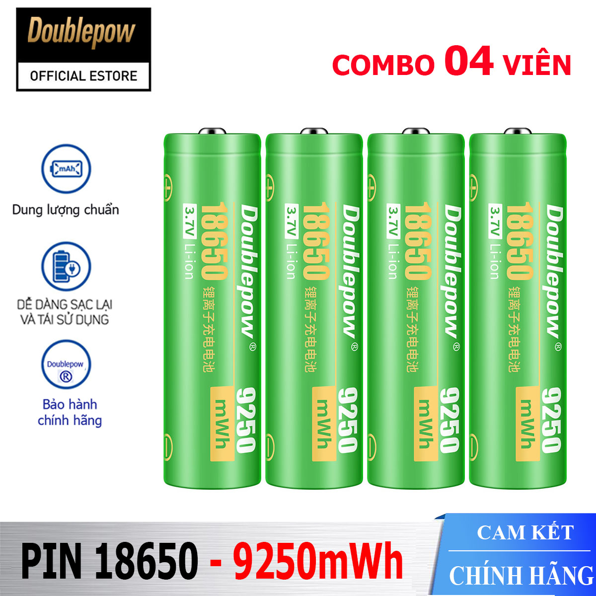 [Combo 04 viên nhọn] Pin sạc Lithium 18650 - 9250mWh đầu lồi Doublepow, pin dung lượng thực