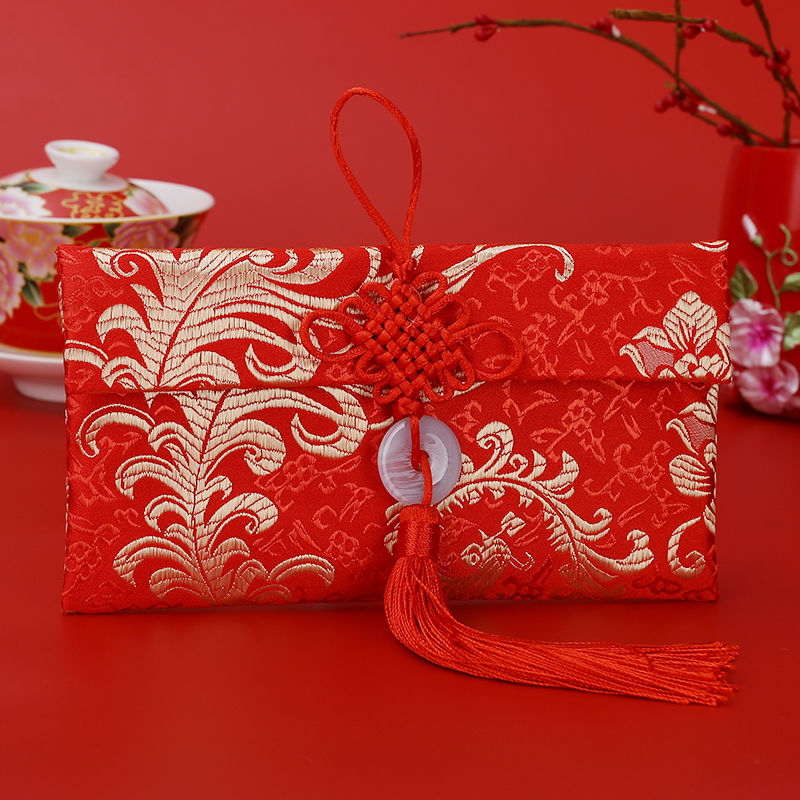 Combo 3 Bao Lì Xì Vải Gấm Đỏ treo ngọc bội Hoa Văn Phượng Hoàng (túi NGANG)