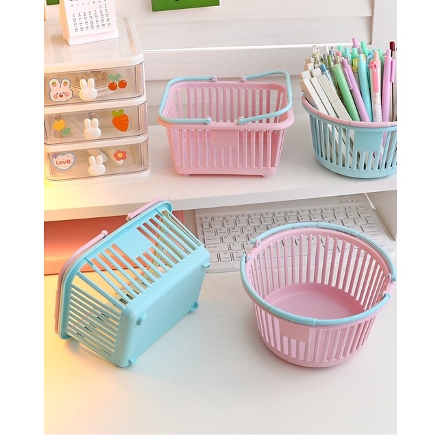 Giỏ Mini Đựng Mỹ Phẩm, Phụ Kiện, Đồ Dùng Có Tay Cầm Màu Sắc Basic