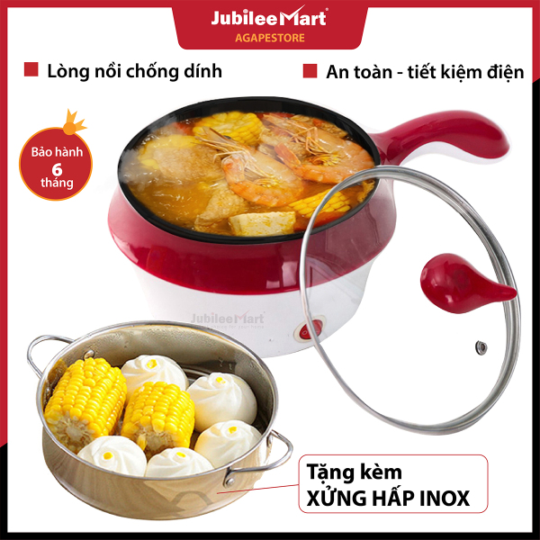 Giá bán [ XÃ KHO GIẢM 99%] Nồi Lẩu Điện Mini Đa Năng Chống Dính,Nồi xông hơi điện chống covid,Nồi Hấp 2 Tầng Dung Tích 1.8L  Nấu Lẩu, Chiên, Xào Chống dính -Nồi lẩu đa năng mini Jubilee Mart Tặng Kèm Khay Hấp - Bảo hành 1 năm