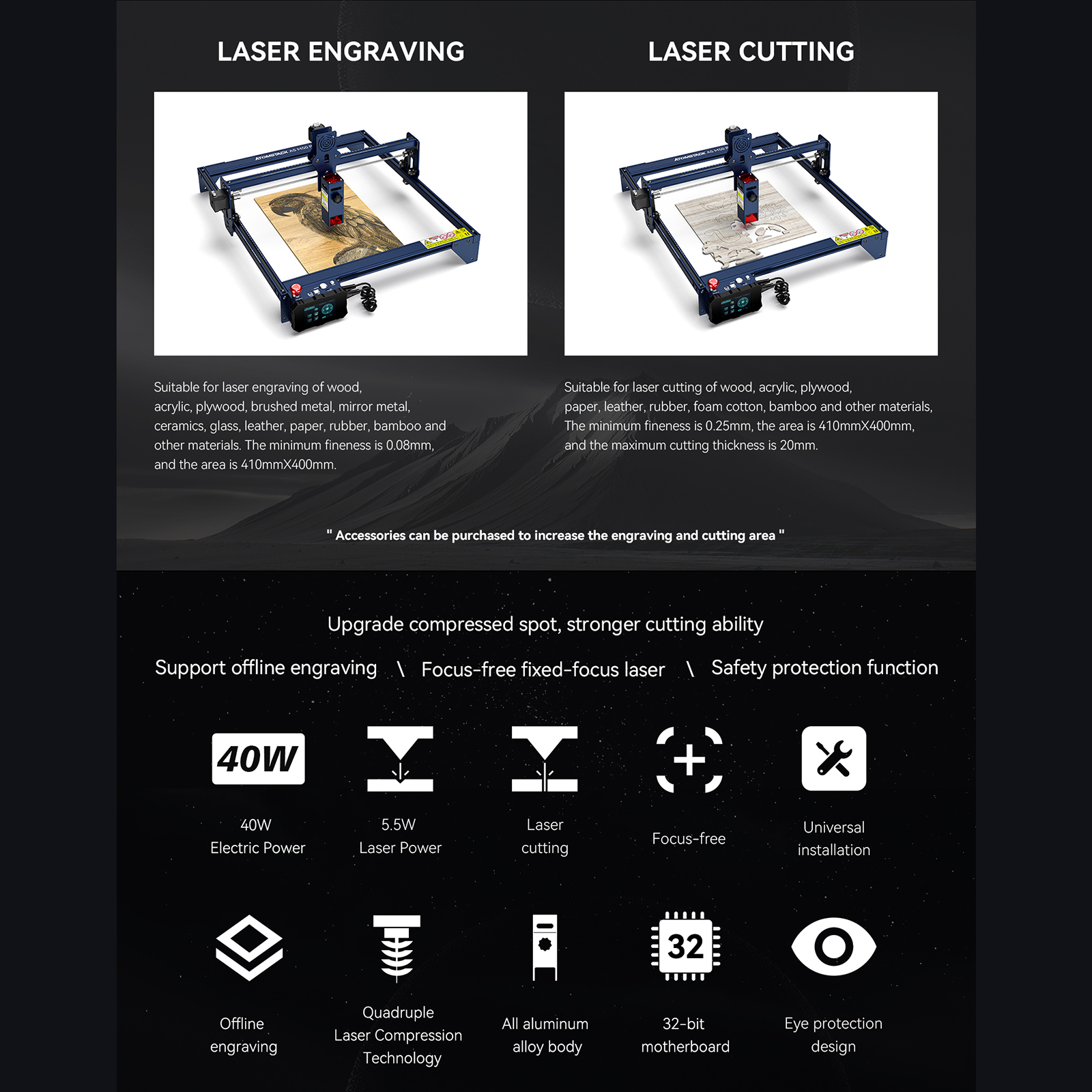 ATOMSTACK A5 M50 PRO máy khắc laser mini máy cắt laser 40W Laser-Khắc dưa hấu, dừa,thép không gỉ, ván ép,làm đồ thủ công Cung cấp video cài đặt