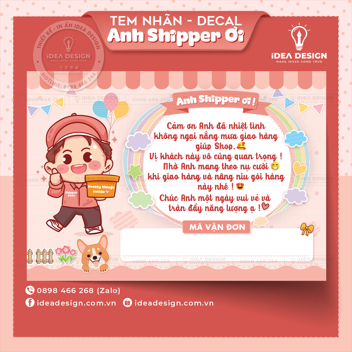 Decal Dán, Tem Nhãn Dán Cám Ơn Anh Shipper Có Ô Ghi Vận Đơn Và Keo Dính - Size 10x7cm Cán Màn Bóng, Chống Nước, Màu Cam Pastel