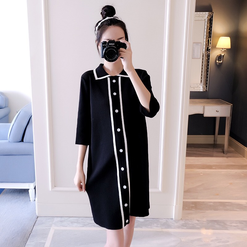 Váy bầu đen khuy trắng dọc dáng suông