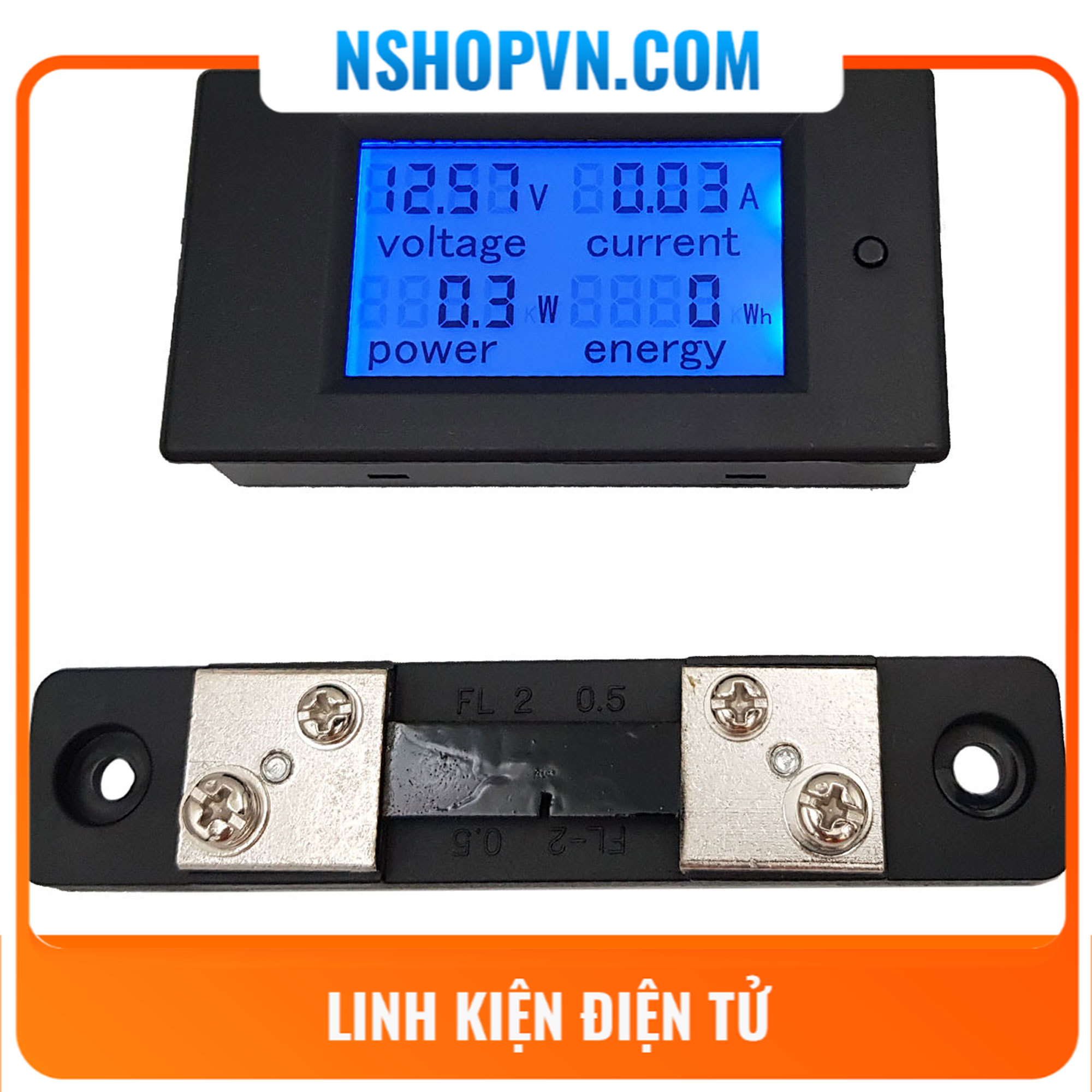 Đồng hồ đo dòng, áp, công suất, mức năng lượng dc kèm trở shunt 50a -100a