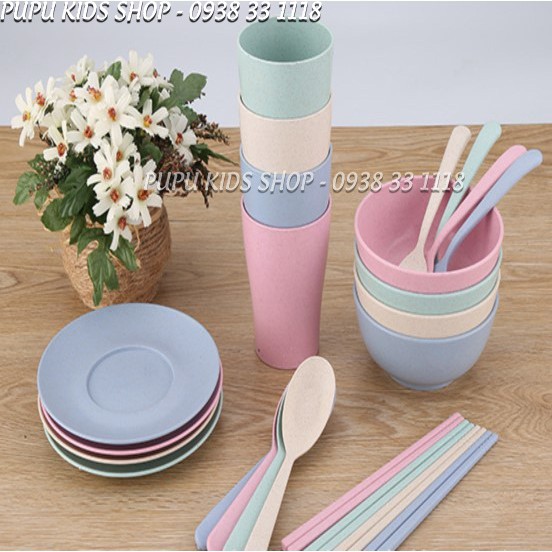 Set Ăn Dặm Lúa Mạch Gồm Đĩa Bát Cốc Thìa Nĩa Đũa Cho Bé