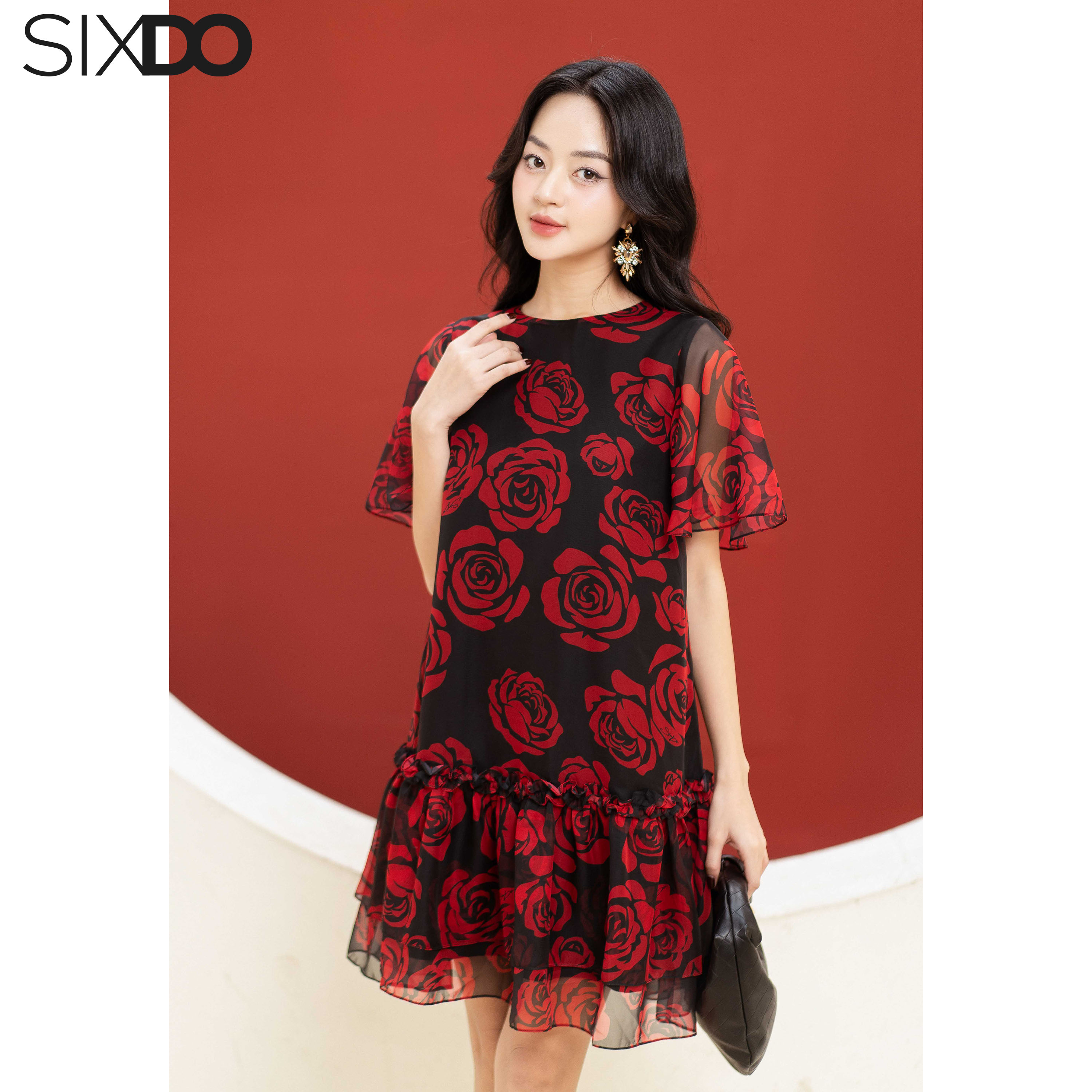 Đầm voan hoa mini cổ tròn SIXDO (Floral Voile Mini Dress)
